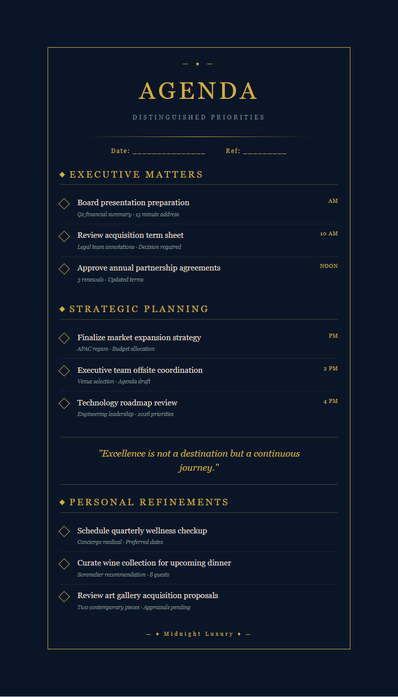 Midnight luxury to do list with gold accents